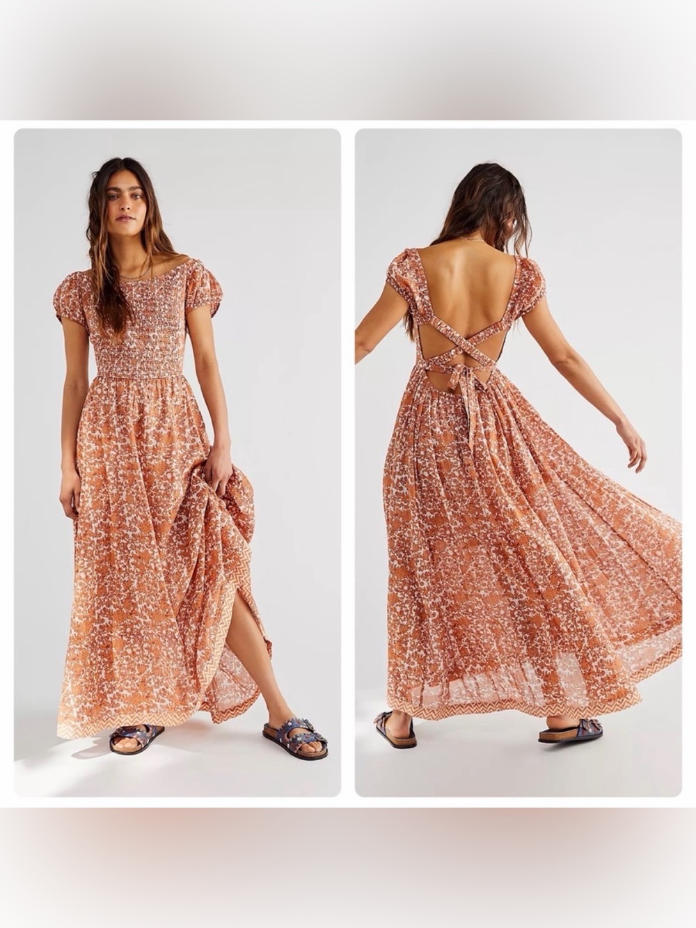 Free People Ultraviolet Maxi Dress Size XL in Tea Combo Orange Bohemian Floral